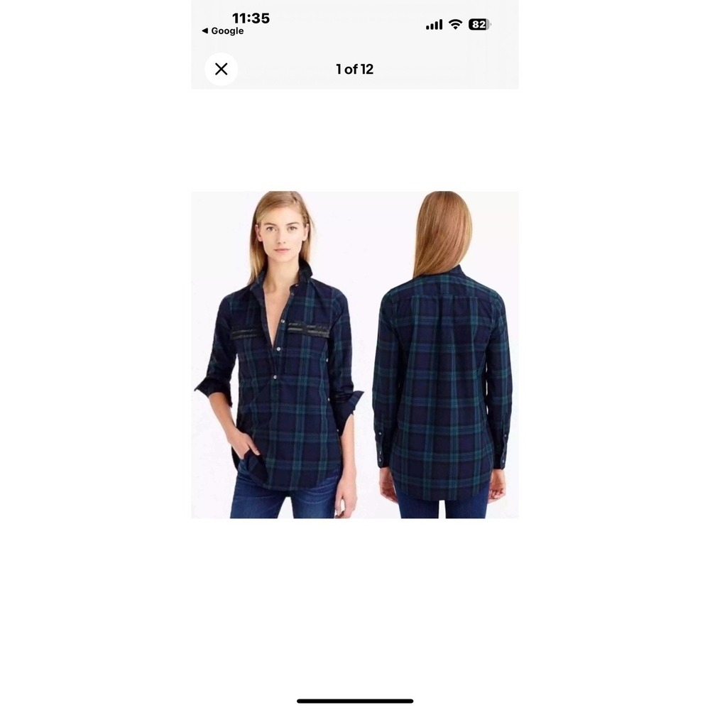 J. Crew 4 Green Tartan Beaded Pockets Popover Blouse Tunic Top Classic Fall